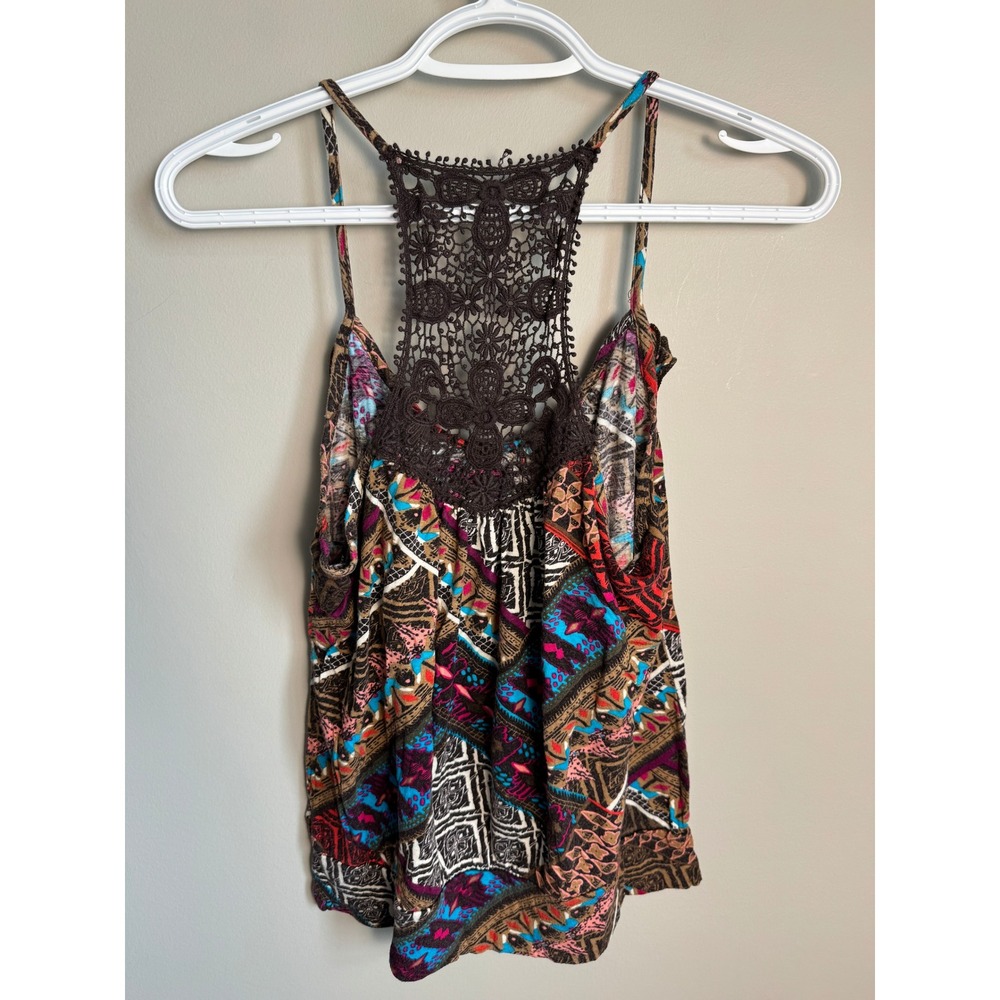 Forever 21 XXI Cami Tank Top Small Crochet Lace Racerback Boho Tribal Print Y2K - Picture 3 of 11